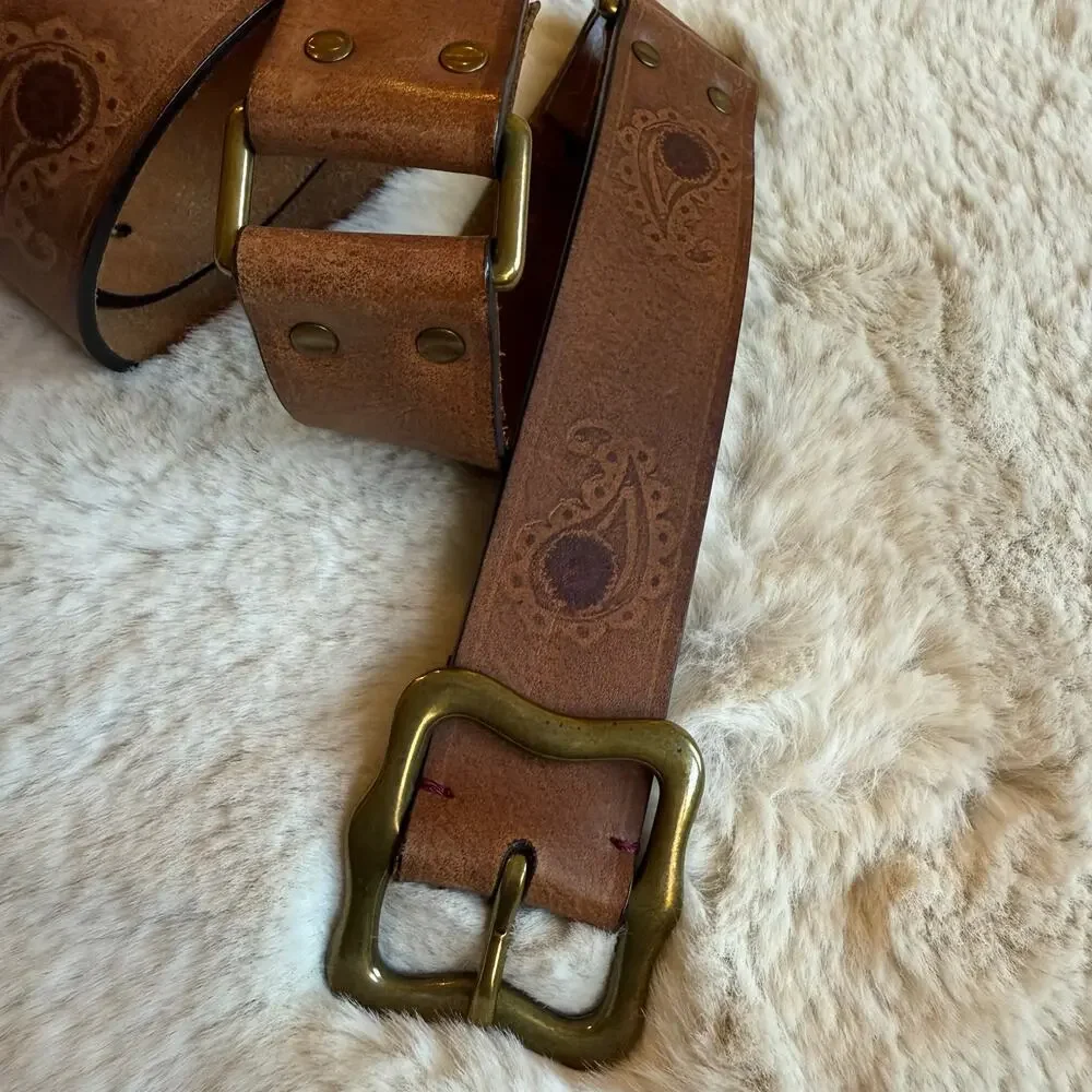 Vintage Y2K Lucky Brand Leather Tooled Embossed Brown Belt Paisley Pattern Sz L‎
